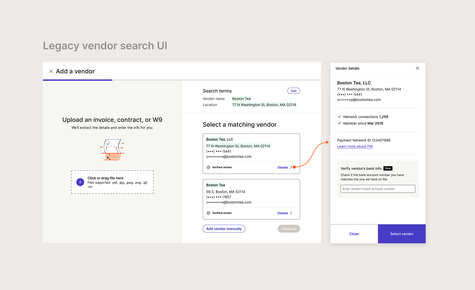 Legacy vendor search UI: the Add a vendor flow lists matching vendors as near-identical cards, each marked Verified vendor, with a details drawer showing network connections, member-since date and Payment Network ID.